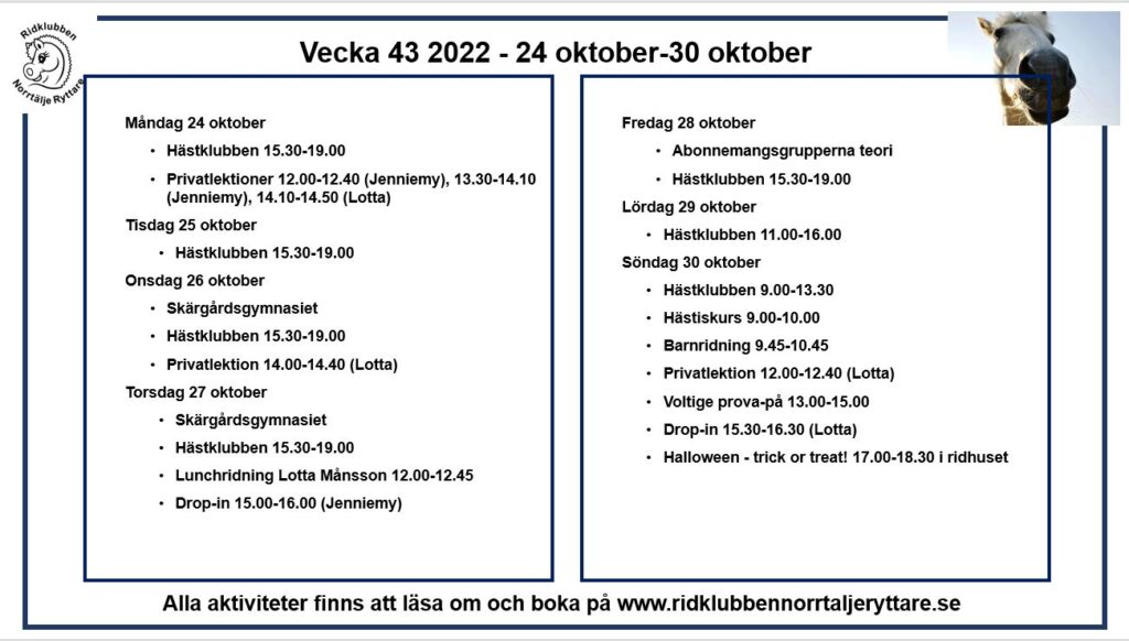 Vad Händer Vecka 43 2022? - Ridklubben Norrtälje Ryttare